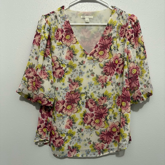 Cato Tops - Cato Floral V-Neck Blouse in Pink and Yellow